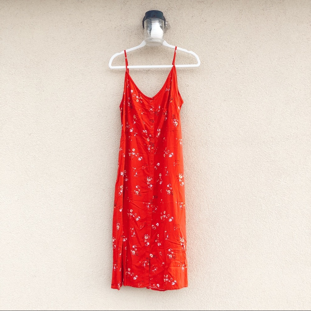 red floral button down dress